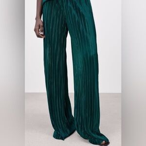 Zara Wide-Leg Pleated Pants in Deep Teal
